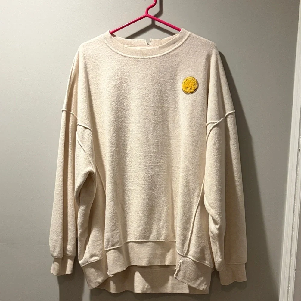 Aerie Cream Crewneck Sweater with Yellow Patch - Picture 1 of 5